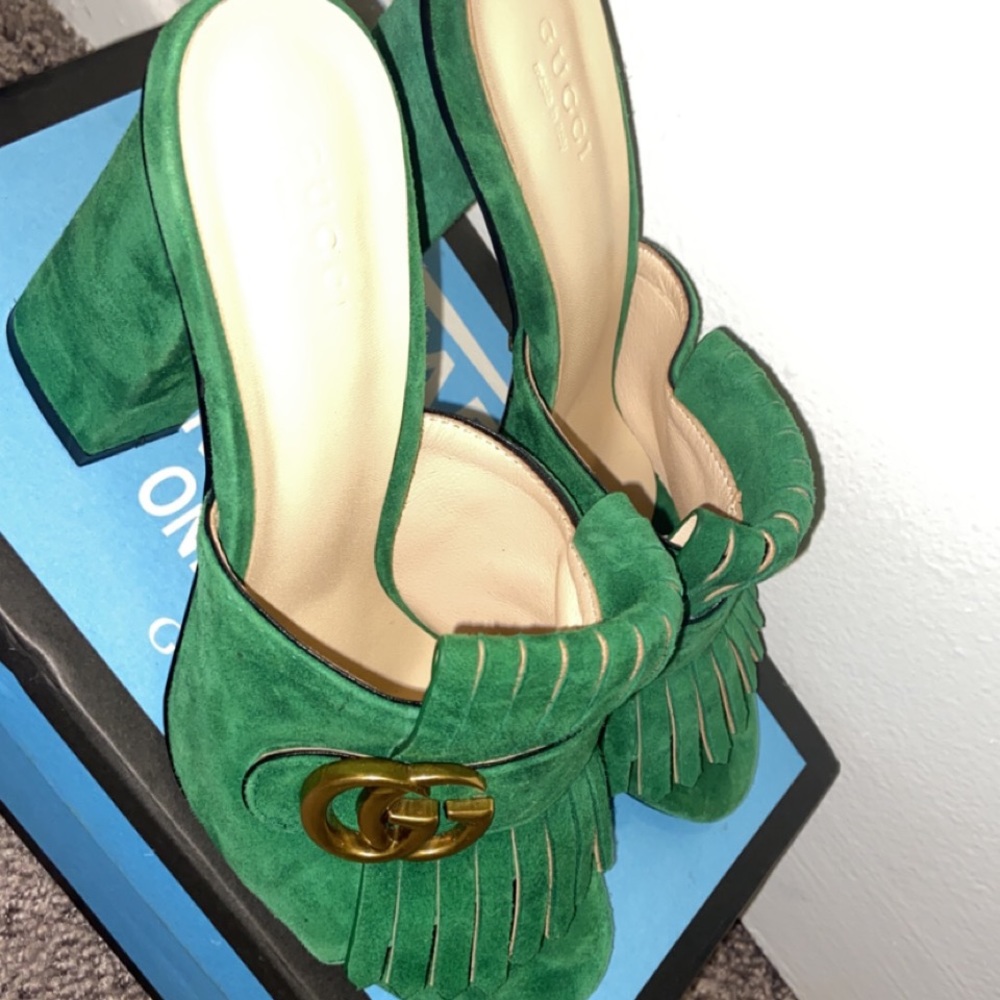 Green Gucci Marmont mules